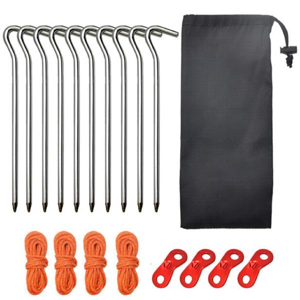 Camping 10Piece Tent Peg With Securing Rope, Anchors, Hammer &amp; Carry Bag 18cm