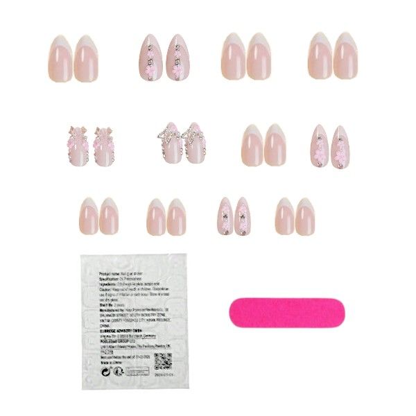 24 Piece -White French Press On Nails -Metal Butterfly &amp; Pink Flower Design