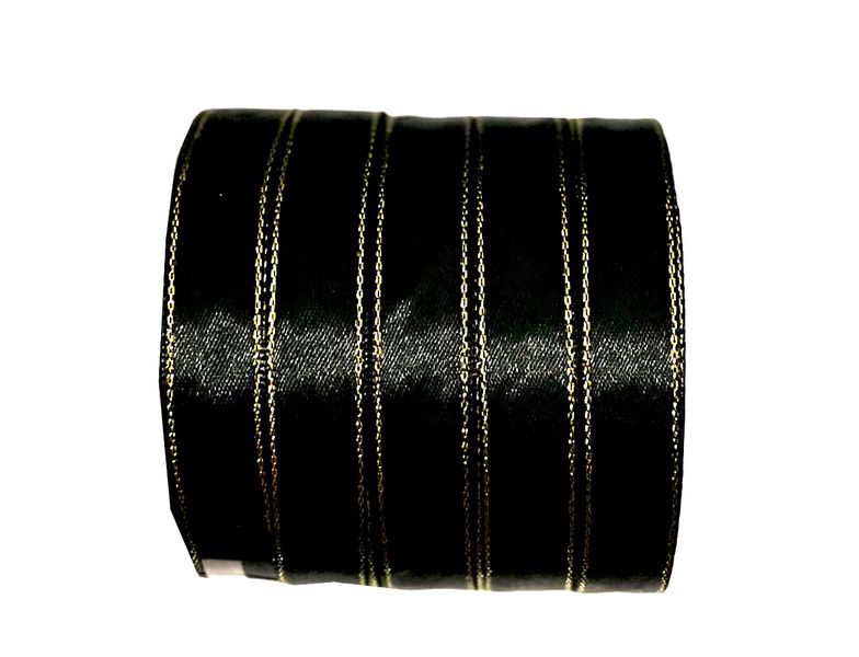 Satin Ribbon - 15mm width - Black Golden line edge - 110m