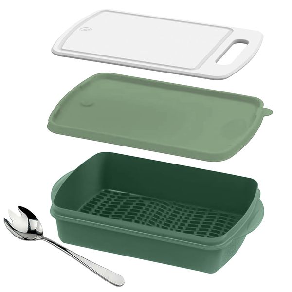 Food Prep Store &amp; Marinade Tray Set Includes Built-in Cutting Board Green
