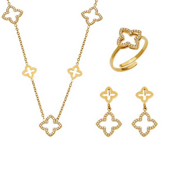 Four-Leaf Clover Jewelry Set - Full Pavé Zirconia &amp; Openwork Design