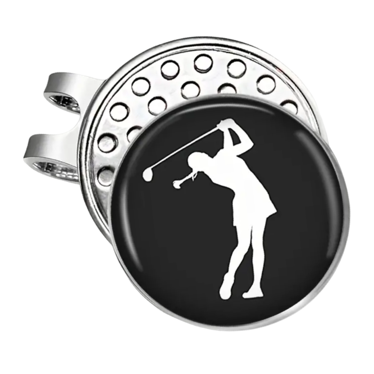 Magnetic Golf Hat Clip with Removable Ball Marker- Swinging Lady on Black