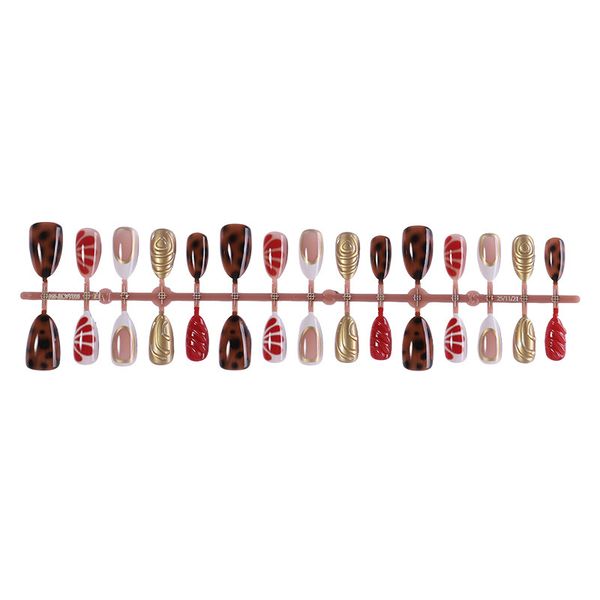 30 of Retro Brown-Red Gilded Contrasting Almond-Shaped Press-on Nails with