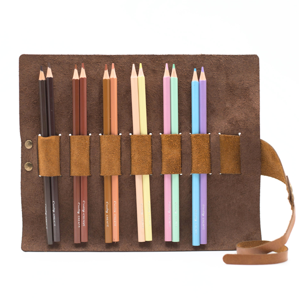 Genuine Leather Roll Up Pencil Case with Colour Pencils - Made Local in SA