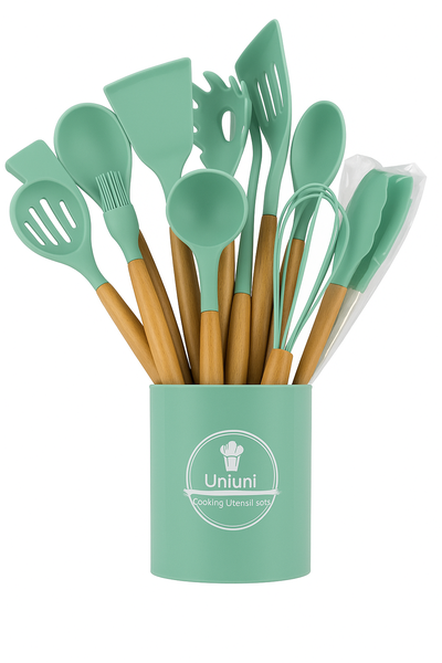 12-Piece Silicone Kitchen Utensil Set with Wooden Handles &amp; Plastic Holder
