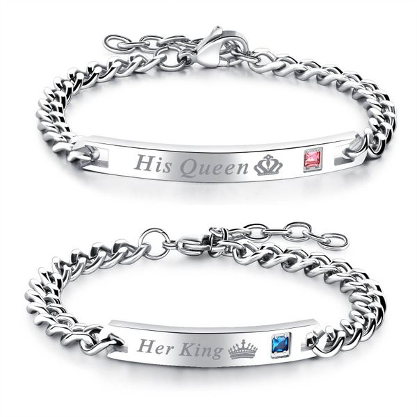 2 Pieces Set His Queen Her King Silver Couple Bracelet