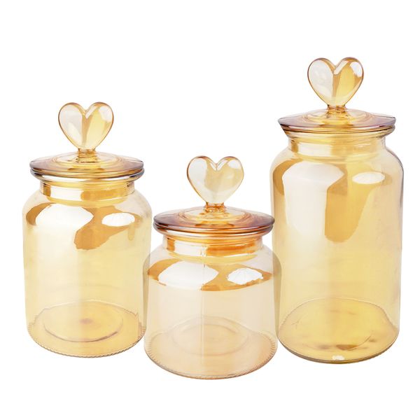 Kitchen Multifunctional Amber Food Storage Heart Lid Candy Jar Set of 3