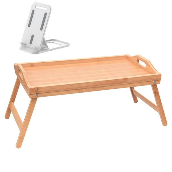 Wooden Bamboo Foldable Bed Serving Tray with Phone &amp; Tablet Stand