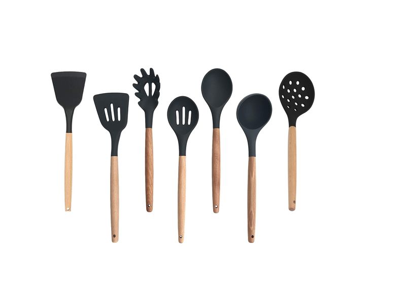 Silicone Spoon Set With Wooden Handles - 7 Piece
