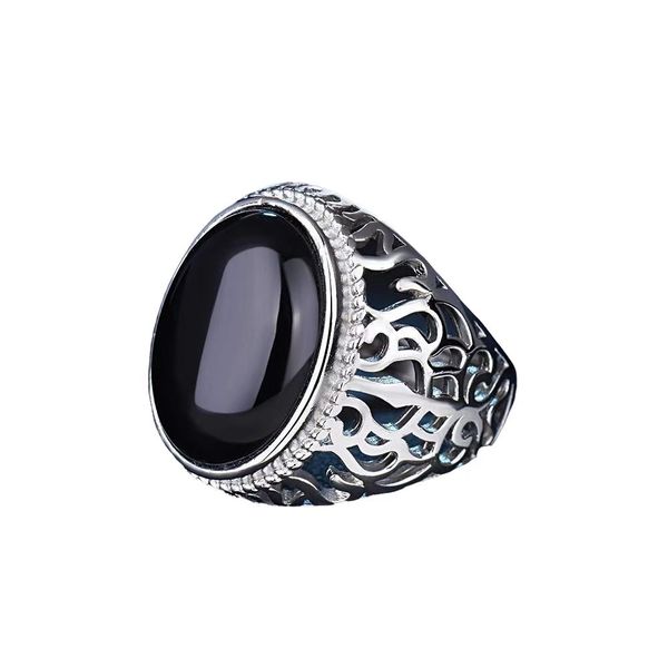 New Ethnic Style Hollow Carved Oval Black Agate Adjustable Ring