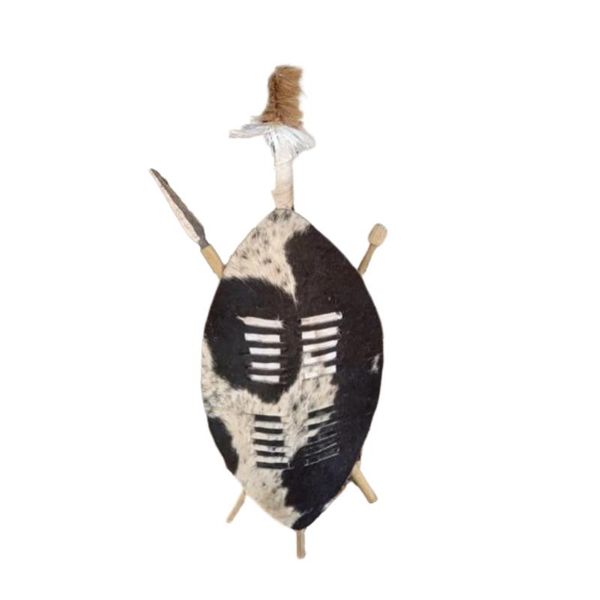Black and White Cowhide Zulu Shield Spear and Knobkerrie Set - Ihawu