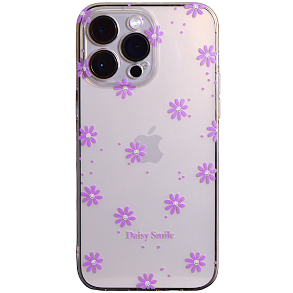 Clear - Phone Case with Puple Smiley Face Flowers - Iphone 15 Pro Max