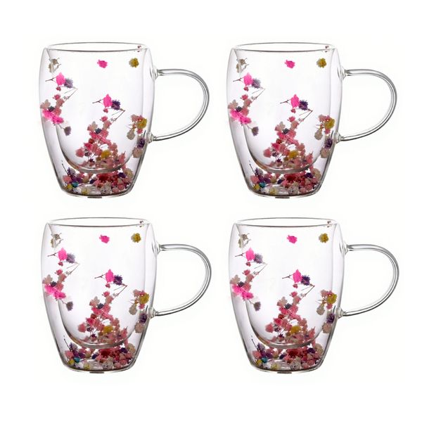 4 Pcs Double-Wall Glass Mugs Handle with Dried Flowers