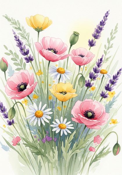 Canvas Ready to Hang Contemporary Art - Wildflower Meadow Watercolor Art