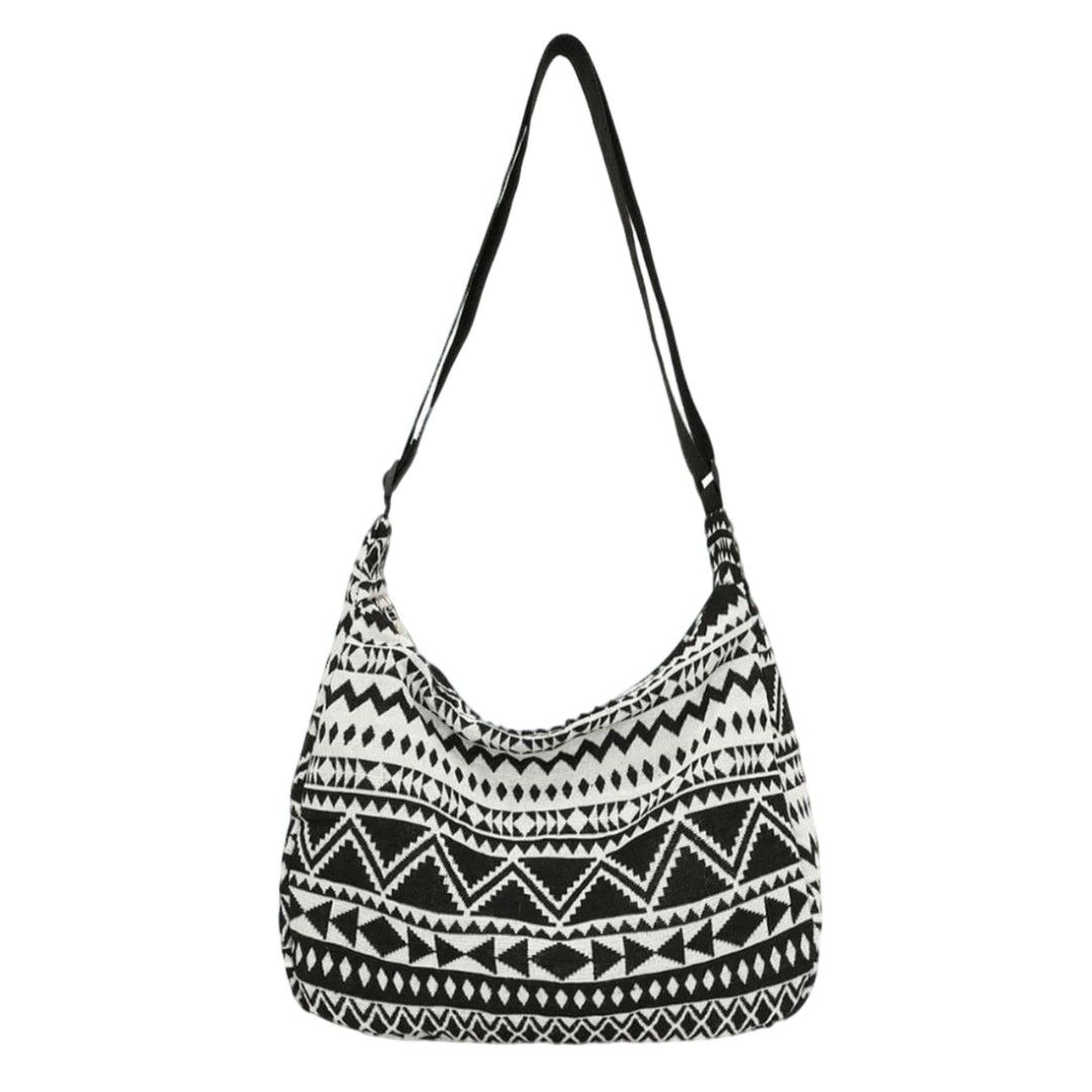 Black & White Geometric Pattern Hobo Bag - Casual Shoulder Tote