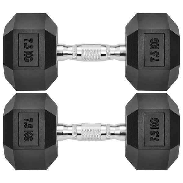 2 Piece Set - 7.5Kg Hex Rubber Encased Dumbbells, Weights Pairs
