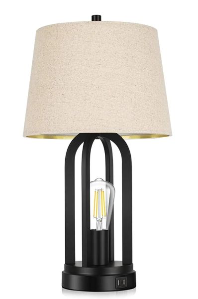 Bedside Table Lamps, Fabric Lampshade for Reading with USB Ports - WYT042