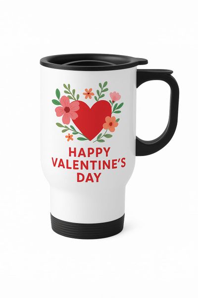 Happy Valentine's Day Floral Heart Tea Coffee Travel Mug