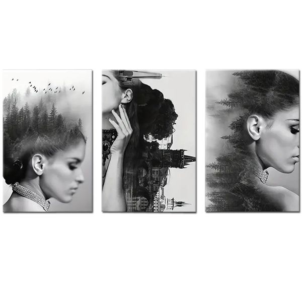 Canvas-Art-3 Pieces Black &amp; White Forest Lady Bedroom Wall Art