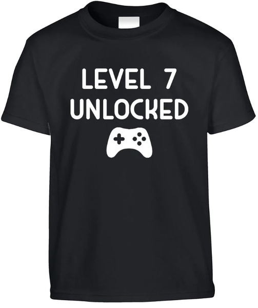 7th Birthday Level 7 Unlocked Gamer Gift T-Shirt-Kids - Black