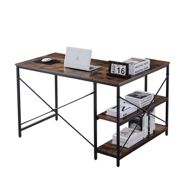 L Shaped Computer Desk with Bookshelf, Corner Gaming Desk - Brown