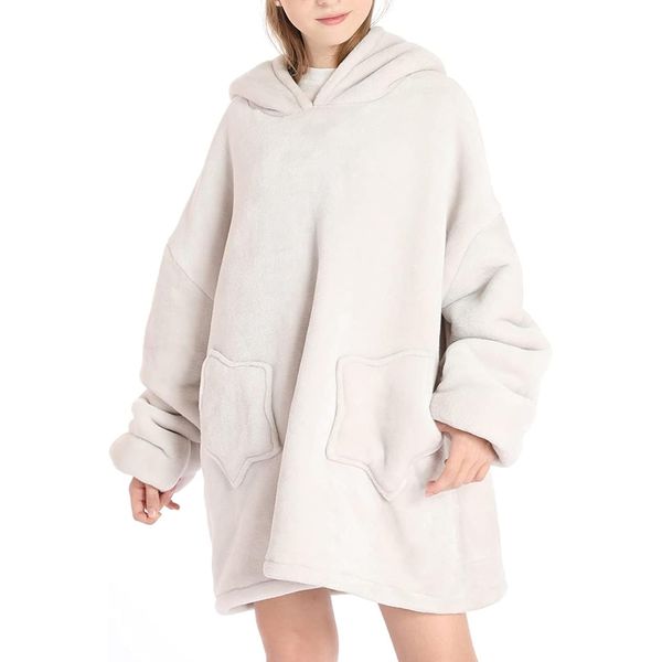 Oversized Blanket Hoodie for Kids Fluffy Warm Flannel Hooded with Pockets