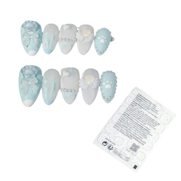 10 Piece - 3D Cat Paw &amp; Bow Almond-Shaped Press-On Nails - Blue
