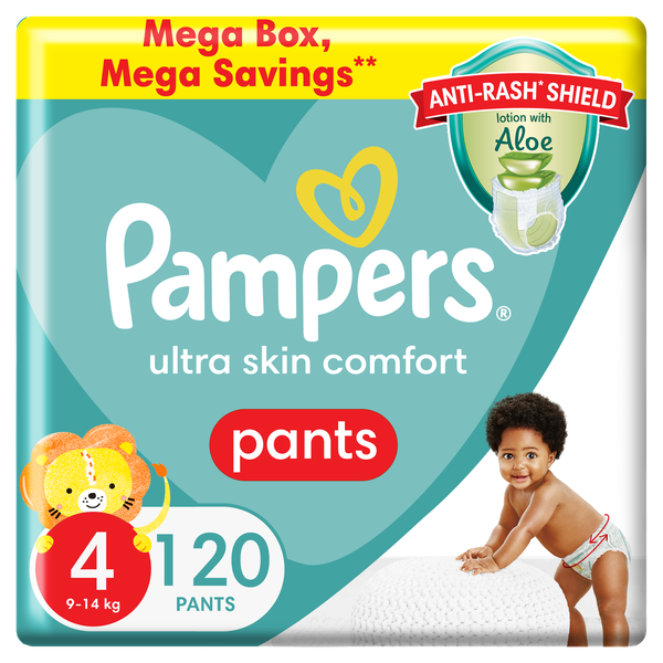 Pampers Anti-Rash Shield Pants Size 4 (9-14kg) 120 Nappies,Lotion with Aloe