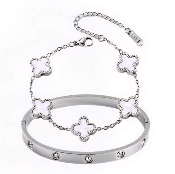 SILVER FLOWER Bracelet Love Bangle Set Non Tarnish SET OF 2