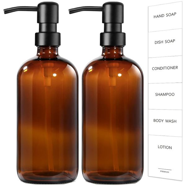 2 Pack Glass Soap Dispenser Amber Refillable Stainless Steel Pump &amp; Labels