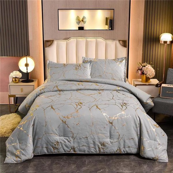 PARI Grey Gold Metallic Marble Comforter Set Print Glitter Queen