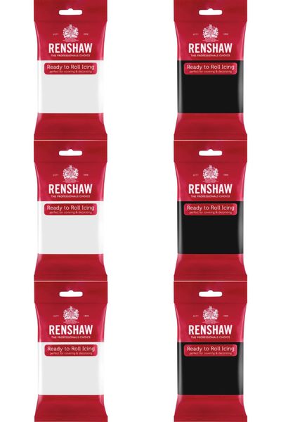 3 x Renshaw Ready To Roll Icing Fondant Cake Set - White &amp; Jet Black 250g