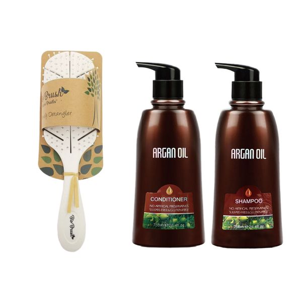 Bio Brush Detangling Brush - White Leaf Shape &amp; Argan Oil Twin Pack - 750ml