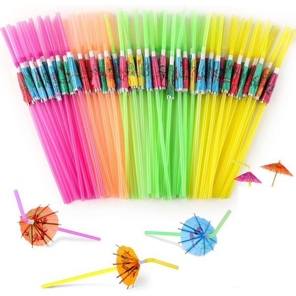 50 Piece Umbrella Straws for Cocktails, Tropical Hawaiian Luau Party Decorations