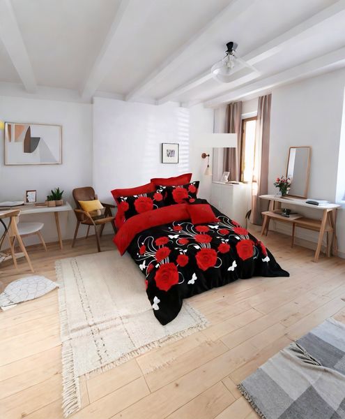 Black, Red Polyester Flowers All tc Duvet Cover