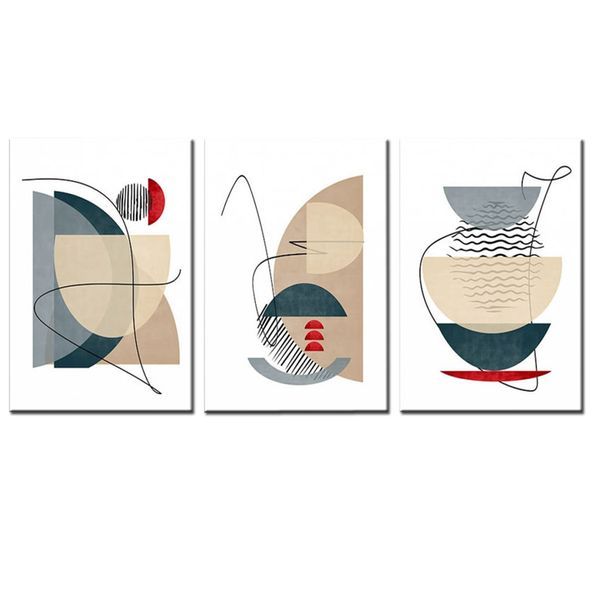 Canvas-Art-3 Pieces Red &amp;BlueBlack Mid Century Modren Wall Art