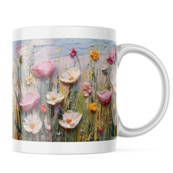 Ceramic 3D Field Flowers Mug - White - 11 OZ
