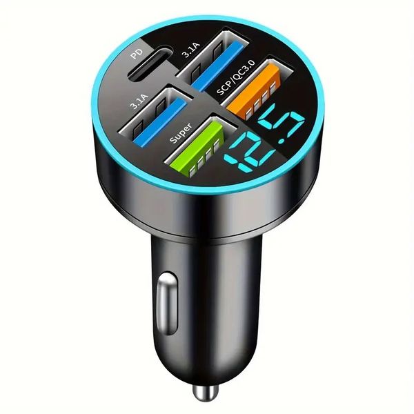 5 Port Fast Charging Cigarette Lighter USB C Adapter with Voltage Monitor