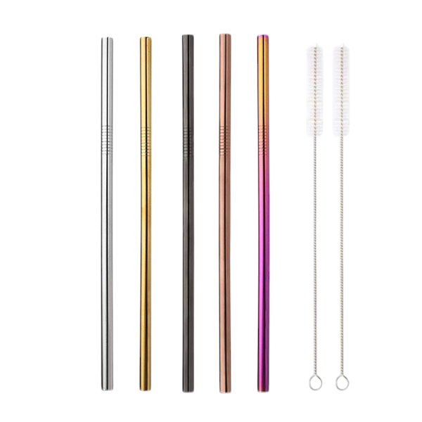 5pcs Stainless Steel Straws With 2 Cleaning Brushes - Multicolor