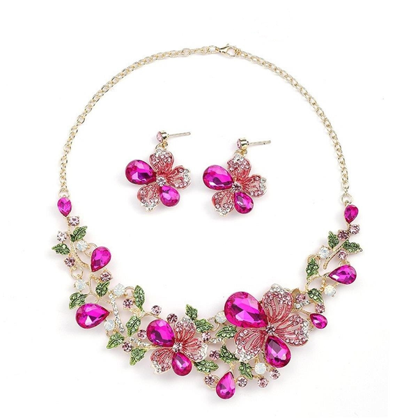 ZELTRYN Fuchsia Butterfly Floral Crystal Choker Jewelry Set
