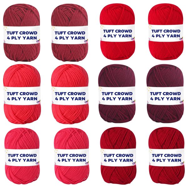 TUFT CROWD - Red Yarn, 4-ply Tufting Yarn ( 12 x 25g ) , Knitting Yarn