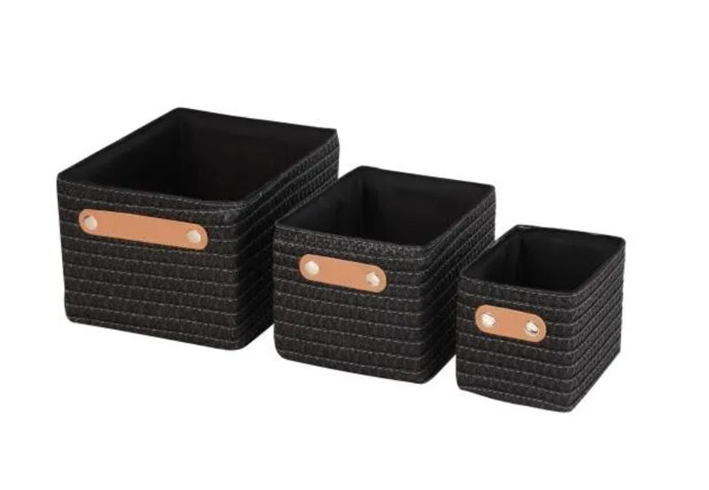 Square Set of 3 Black Storage Baskets - Varying Sizes