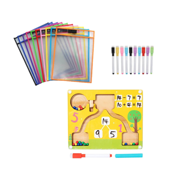 2 PK Combo 10 Dry Eraser Folder and 10 Markers &amp; Wooden Maths Tree Board
