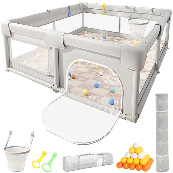 Large Baby Playpen For Toddlers Set-With Basketball Net, Crawling Pad
