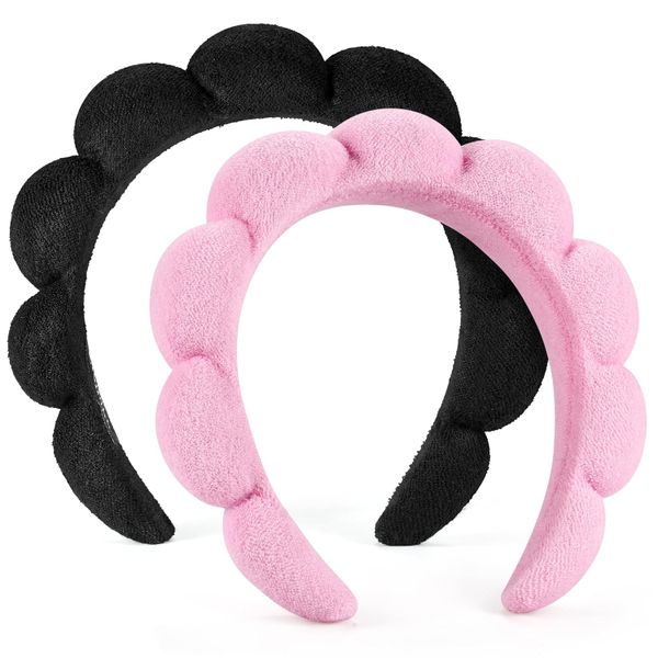QYNIAL Spa Headbands for Face Washing, Set of 2 Terry Cloth, Black &amp; Pink