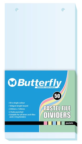 Butterfly File Divider 120mm X 230mm Pastel Board - Pack Of 50 Blue