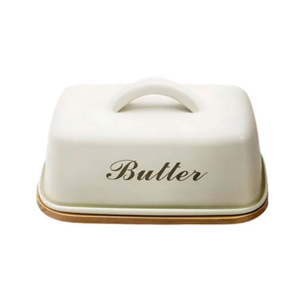 Wooden Butter Dish with Beige Metal Lid &amp; Handle