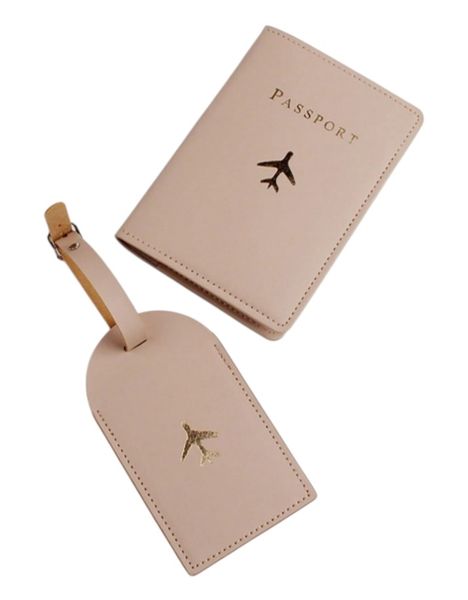 2 Piece - Passport Holder &amp; Luggage Tag With Gold Airplane Embossing -Beige