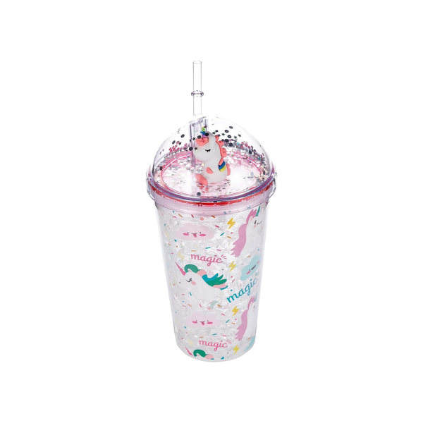 450ML Reusable Acrylic Glitter Sipper Cup with Straw &amp; Toy on Top