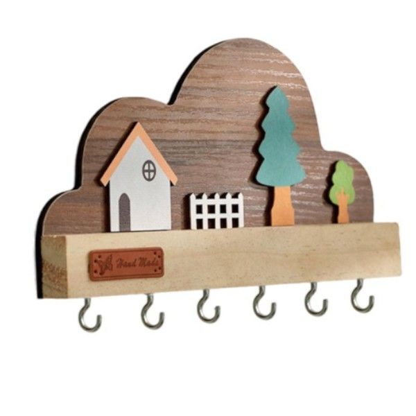 Wooden Wall Key Holder with Decorative House and Tree Design - Silver